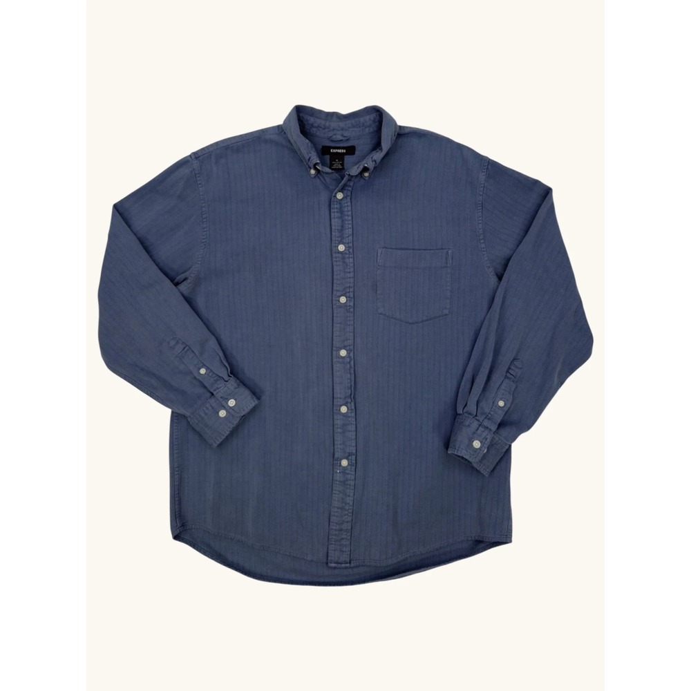 Express Mens XL Blue Herringbone Cotton Long Sleeve Button Down Shirt Vintage